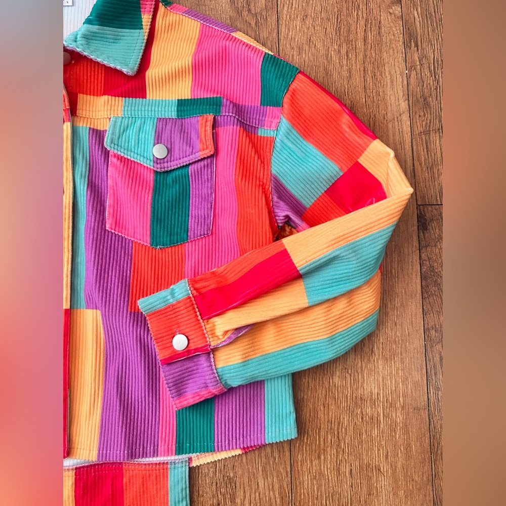 Multicolor Patchwork Corduroy Button Down Shacket… - image 6